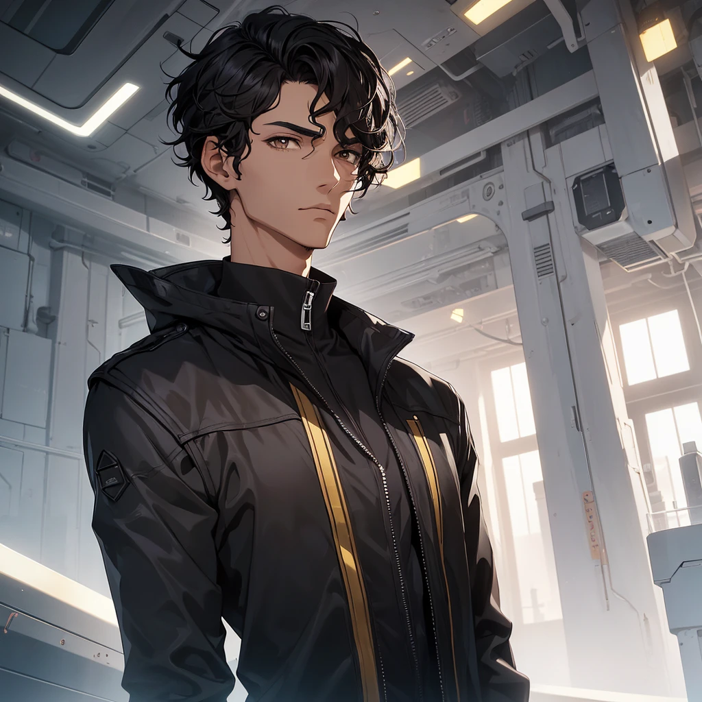 tall man with short hair, black and wavy. brown eyes and has a serene appearance. is in a futuristic setting
