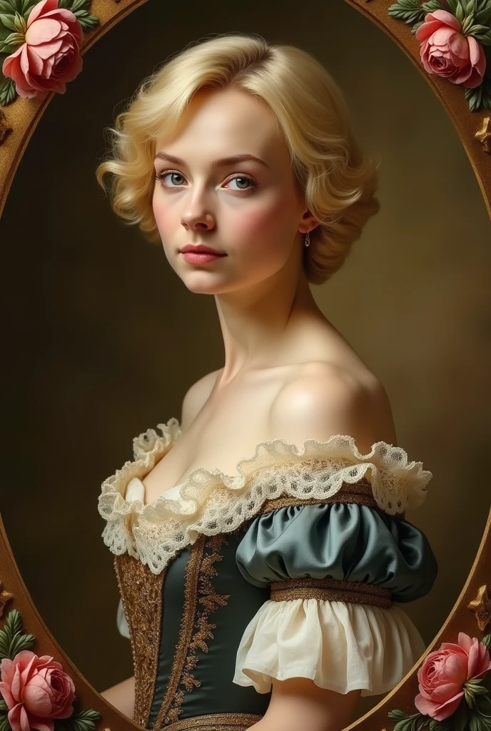 the same image above but short hair, oval portrait of a woman with blond hair in baron style with 19th century clothing