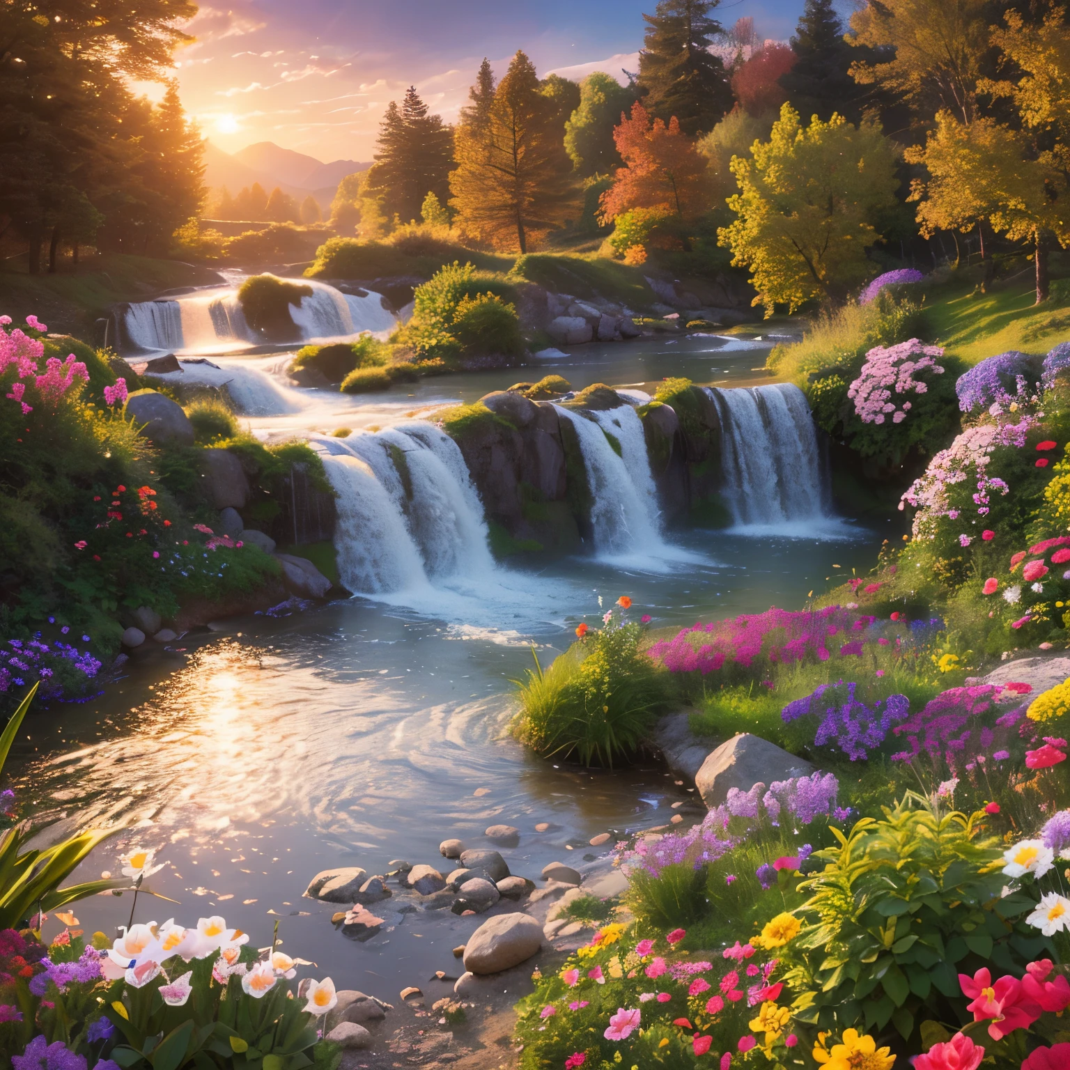 Fantasy art, Dreamy landscape, Water flow, Colorful flowers, Pebble, Bush, Sunset.
Highest quality, masterpiece, High resolution, Very detailed, Sharp focus, Cinema Lighting, Vibrant colors,