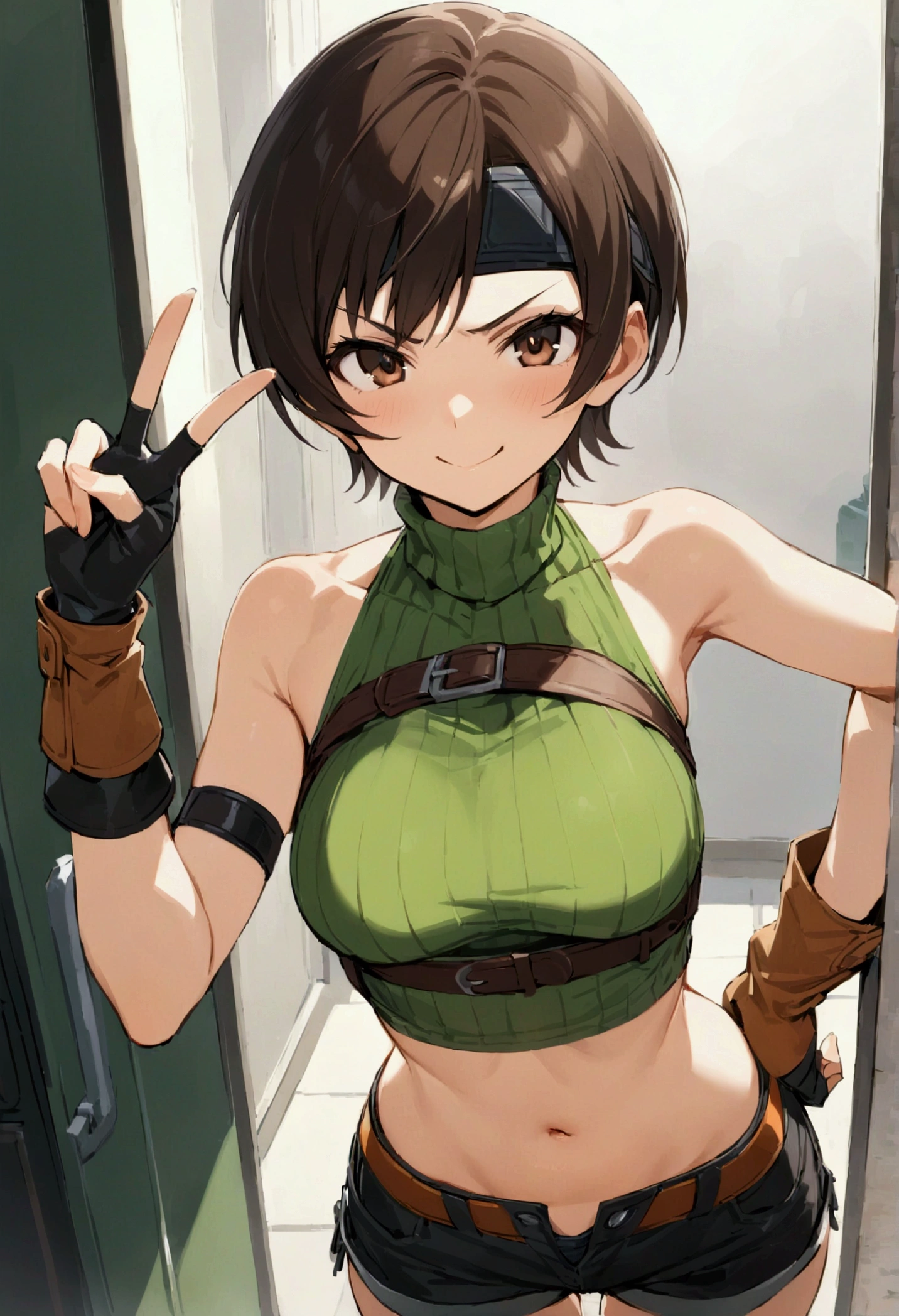score_9, score_8_up, score_7_up,BREAK best quality,high quality,masterpiece,aesthetic,very aesthetic,　soro,1girl,yuffie kisaragi,, final fantasy,short hair,headband,navel,sleeveless,turtleneck
brown eyes,
sleeveless turtleneck,gloves,crop top,brown hair,shorts,midriff,sweater,open fly,fingerless gloves,ribbed sweater,looking at viewer,smug,v-shaped eyebrows,wide eyes,v,hand on hip,