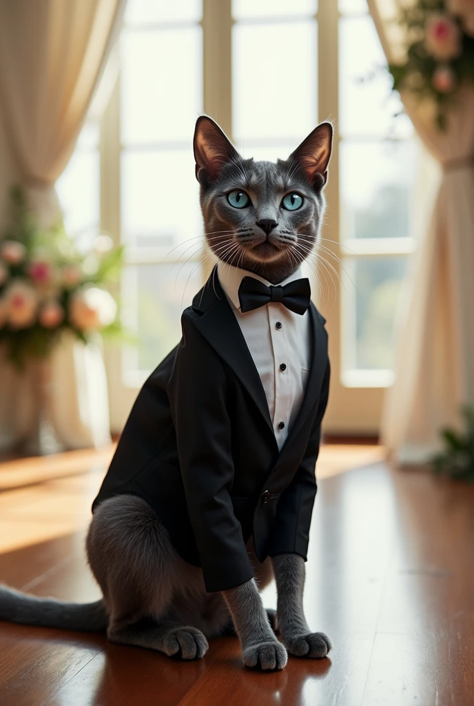 The gray cat with blue eyes . The cat is in a suit ready for the wedding