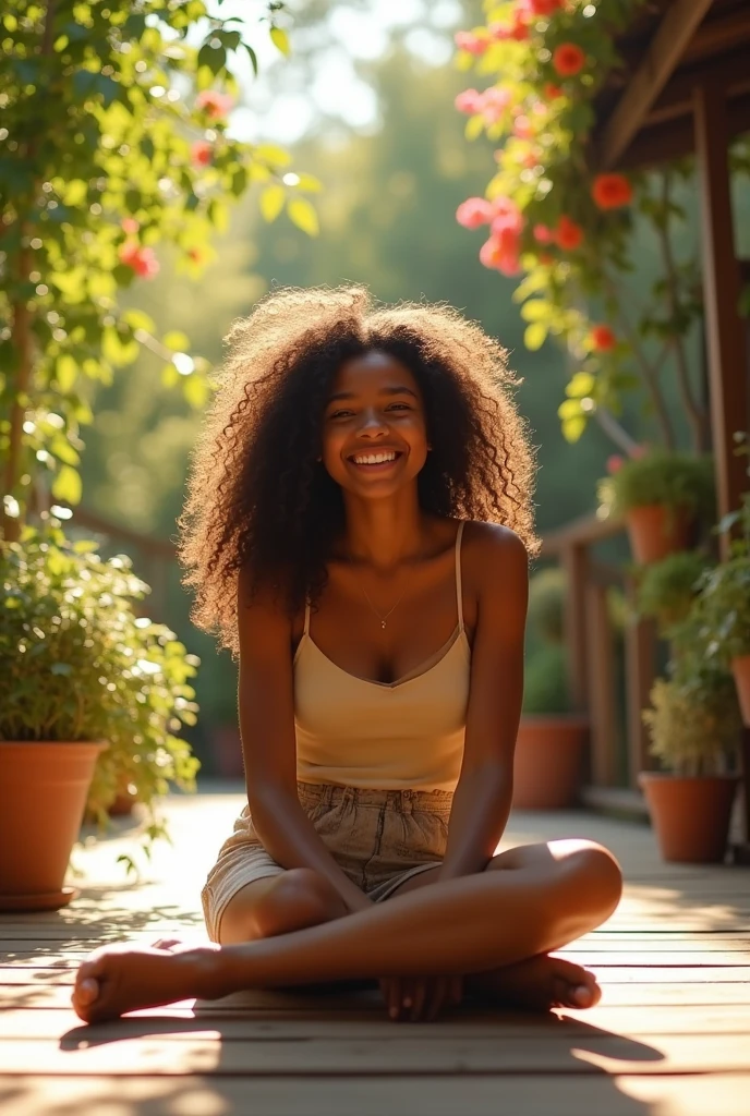 A brunette 15-year-old black girl with curly hair and big breasts sits with her legs stretched out, taking a realistic photo