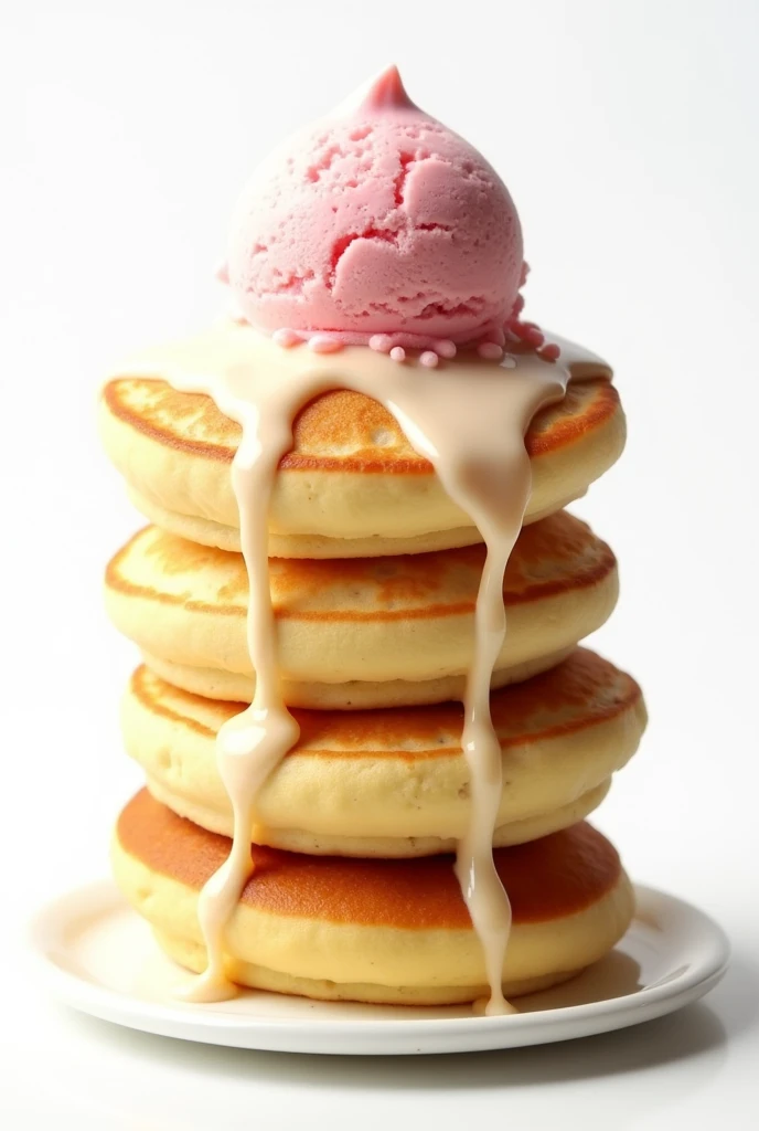 Japan soufle pancake of ice cream nomad style
The ice cream melting 
Big and tall
White background, no plate, which is like flying 