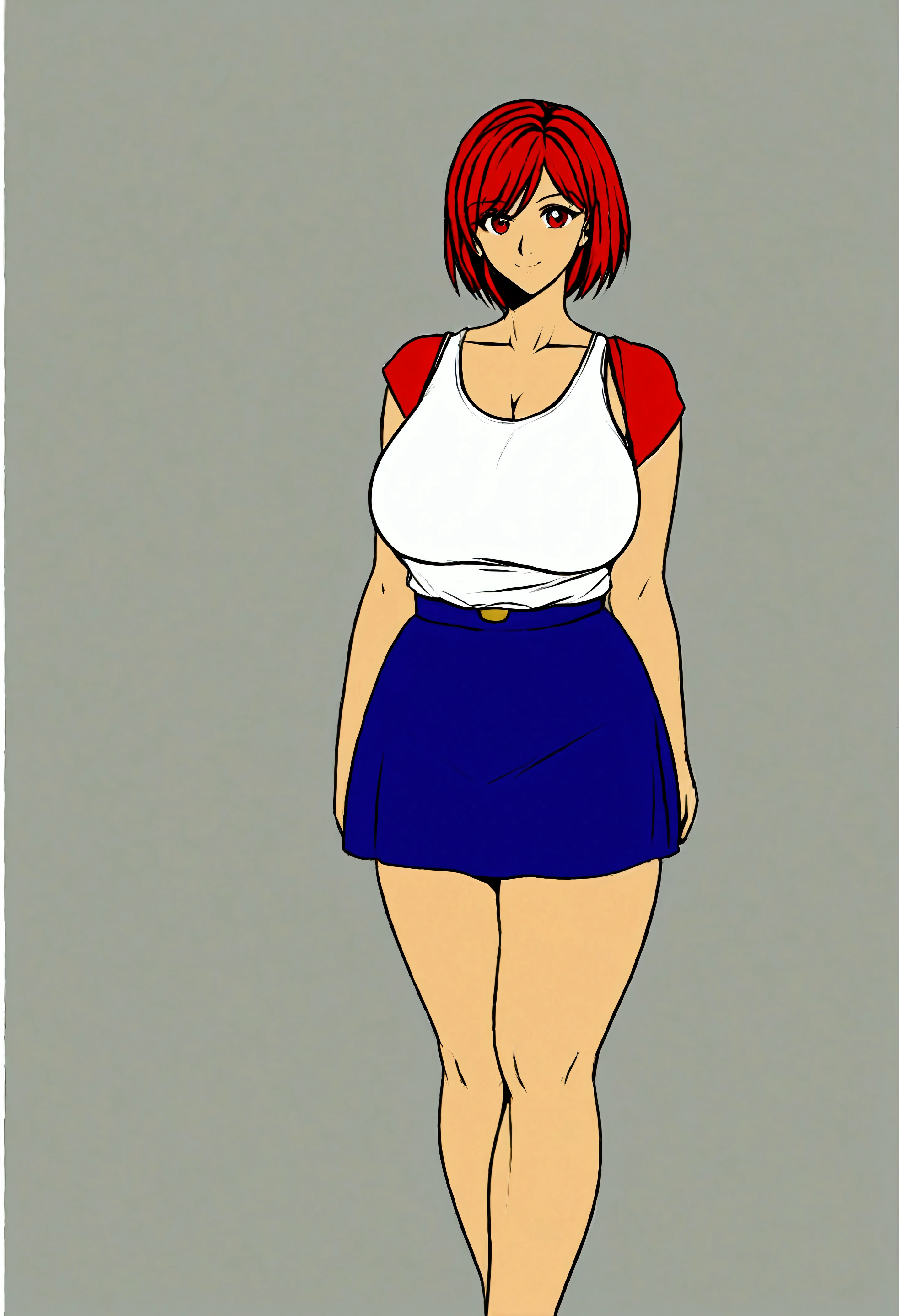 1 girl, mix4, (8K, raw photo, best quality, masterpiece:1.2), cute, Professional lighting, photo mapping, radiosity, Ultra resolution, (big breasts), red short hair, red eyes, blue skirt, white tanktop