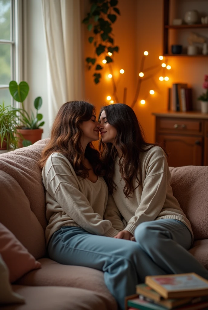 two college students in a same apartment sitting in the same sofa both female 20 years old romantic don't show face