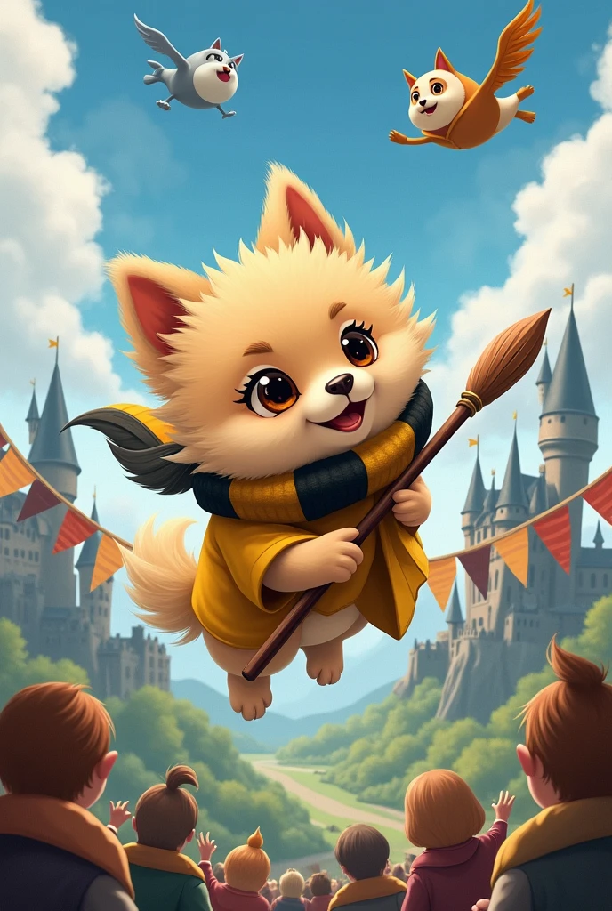 Create an image of a beige German Spitz puppy dressed in a Hufflepuff uniform from the Harry Potter saga flying on a broomstick during a Quidditch game at Hogwarts