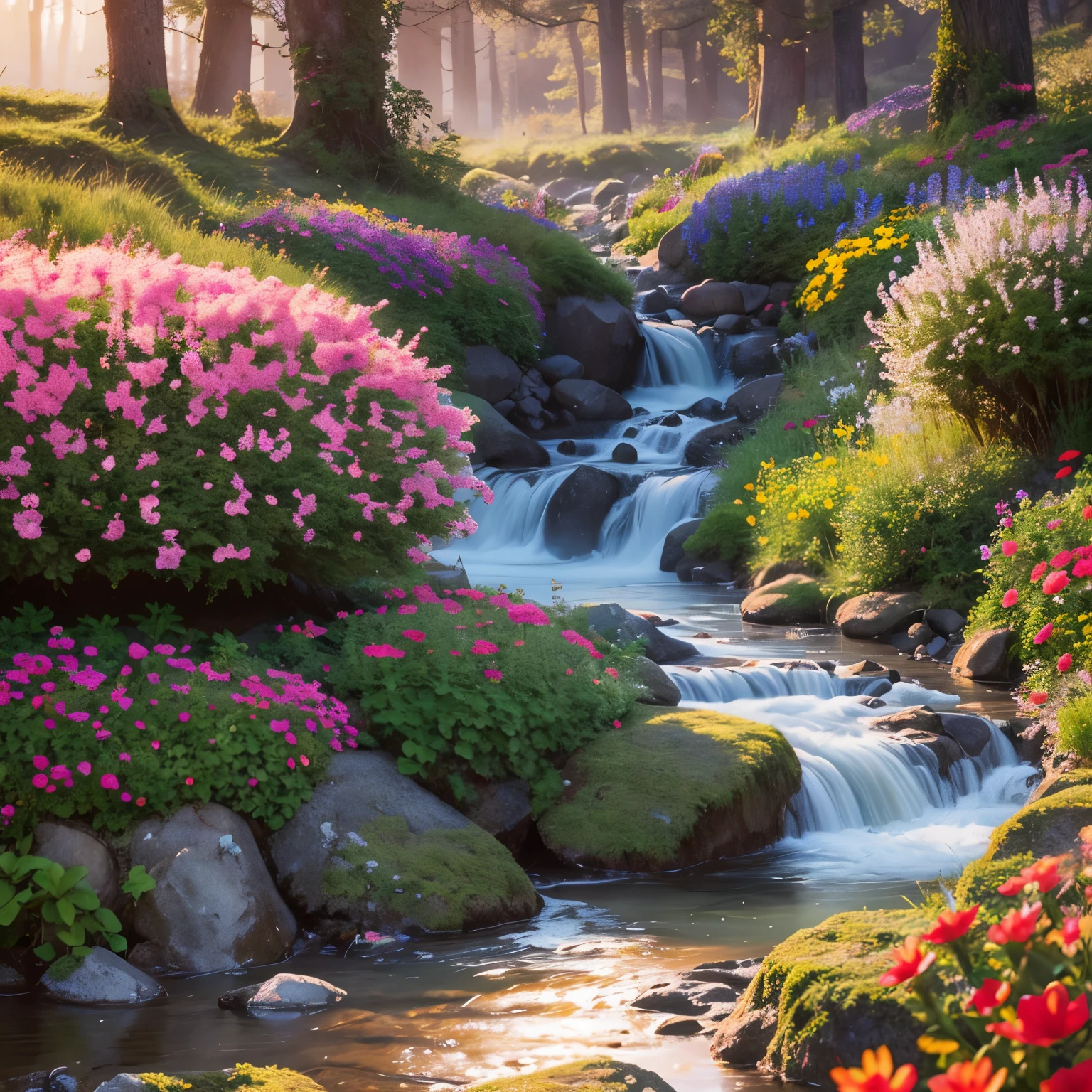 Fantasy art, Dreamy landscape, Water flow, Colorful flowers, Pebble, Bush, Sunset.
Highest quality, masterpiece, High resolution, Very detailed, Sharp focus, Cinema Lighting, Vibrant colors,