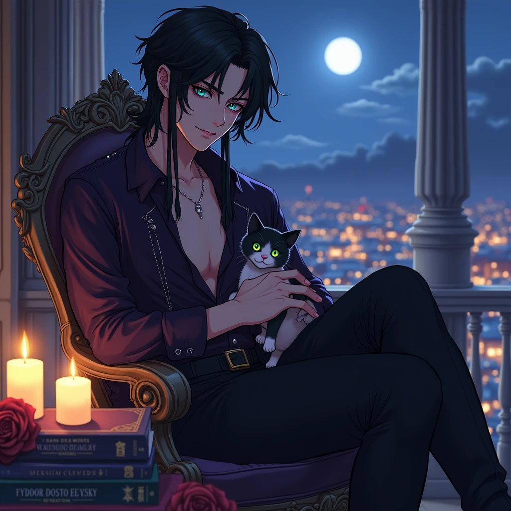 Male, sexy, long black hair, teal blue eyes, young, gothic, delicate features, no facial hair, no body hair, seductive, white and pale. sitting in a chair on a candle-lit veranda overlooking a Russian city at night. Roses. Sexy pose. Purple and black. Sexy. Sexy pose. Seductive. Sensual. Long eyelashes. Big bulge in his pants. No facial hair. Pretty face. Thick legs. Sexy pose. Fyodor Dostoevsky books on the table. Man. Male. Cute kitten on his lap. Smirking. No body or facial hair. Young male. Anime style. Cartoon style. Anime.