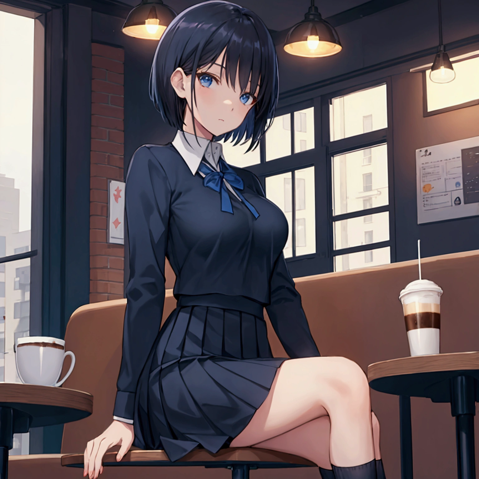 Coffee shop background, school uniform, dark blue uniform,  1woman, solo, dark hair, short hair, shining hair, medium-large breast, sitting behind table, facing viewer, arrogant, gal, gyaru