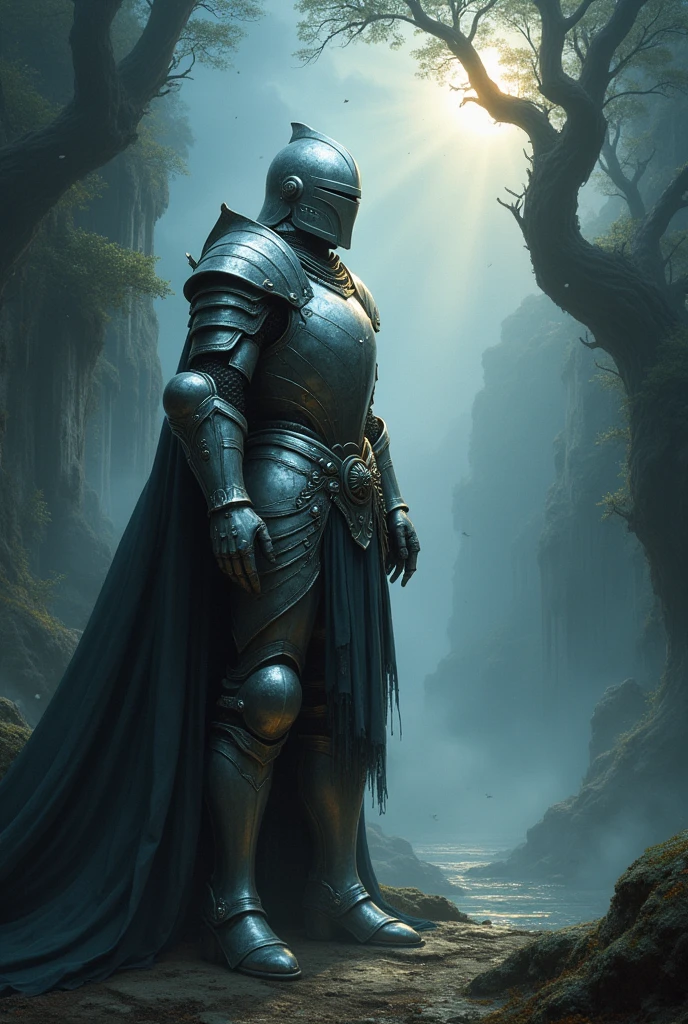 Armored warrior in the dark valley emitting light in the holy spirit war full screen
