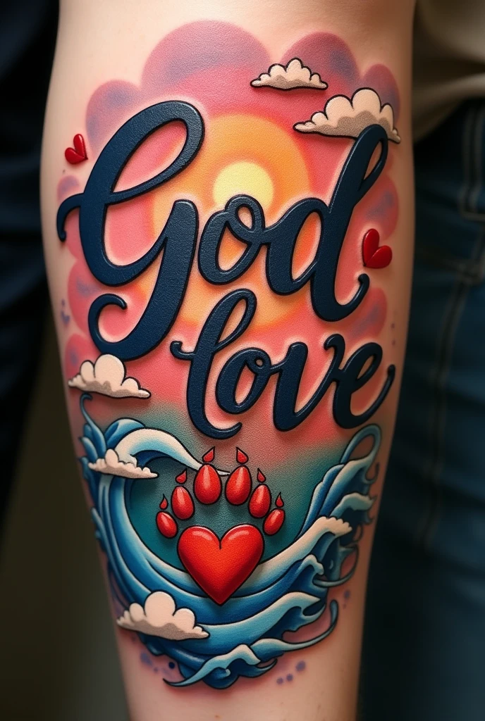 Create a tattoo that includes the name God , love, dog footprint and travel in 3d
