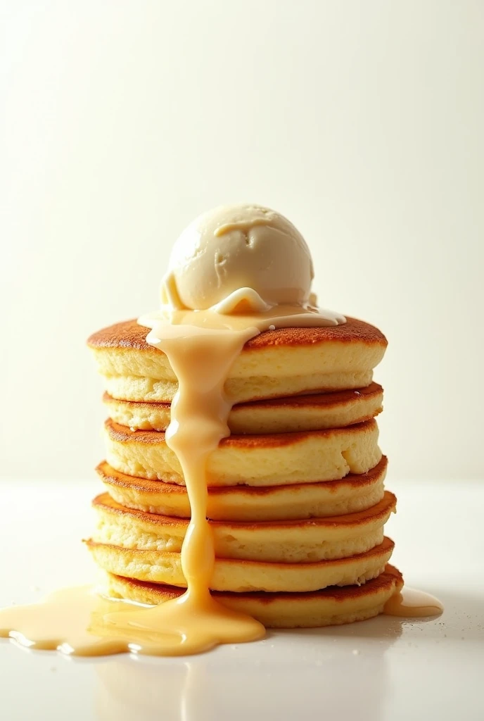 Japan soufle pancake of ice cream nomad style
The ice cream melting 
Big and tall one pancake 
White background, no plate, which is like flying 