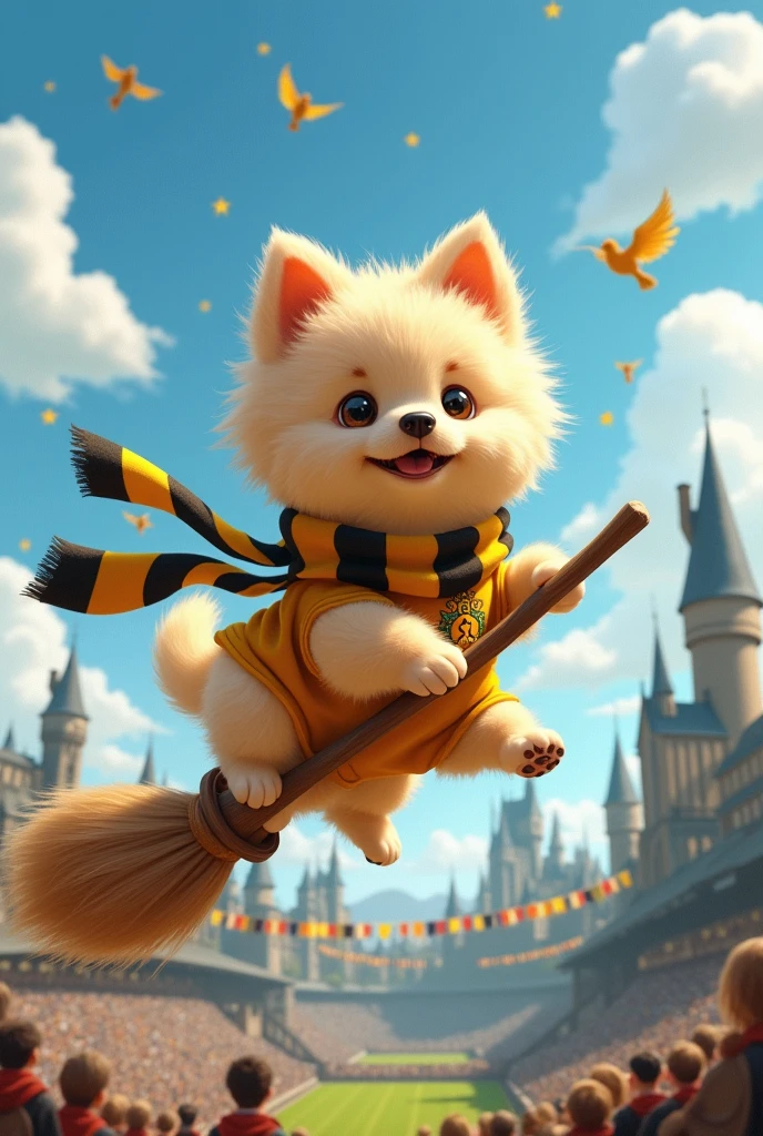 Create an image of a beige German Spitz puppy dressed in a Hufflepuff uniform from the Harry Potter saga flying on a broomstick during a Quidditch game at Hogwarts