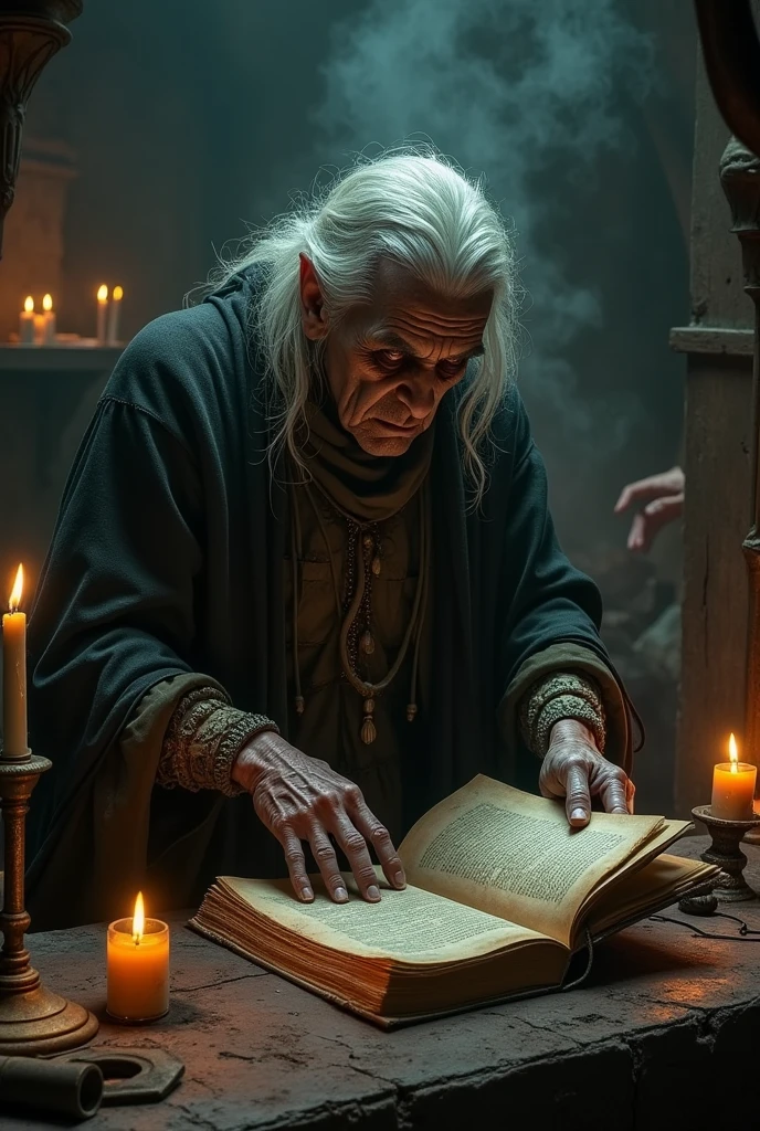 evil old woman looking down casting a spell