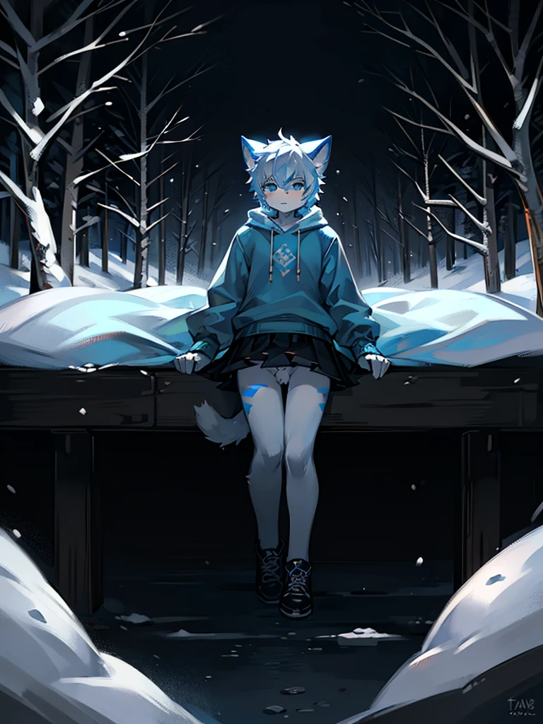 Furry, Anime furry, anthro male cat, light blue and white fur, short white hair, solo, blue sweatshirt, full body character, anime style character, digital painting, black skirt, black medieval shoes. winter forest, snow tempest