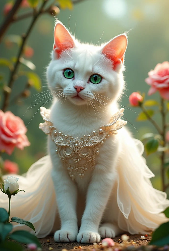 The white cat with green eyes is wearing a wedding dress