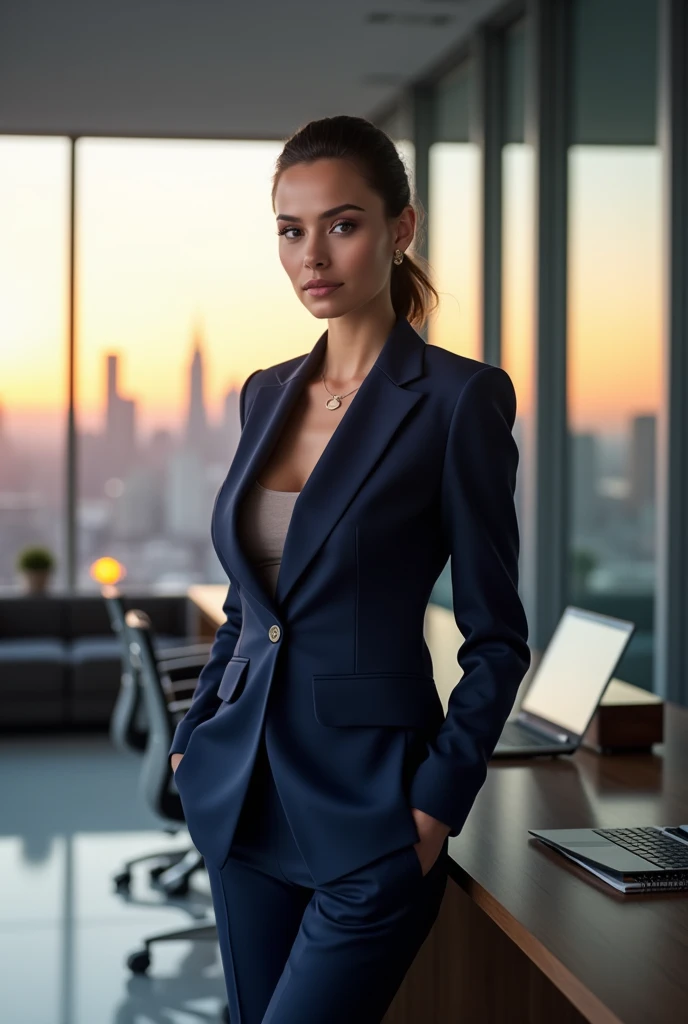 A confident businesswoman standing in a modern office, professi