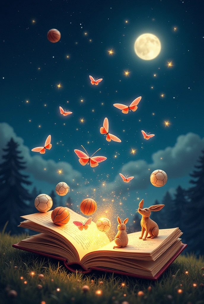 On a night full of constellations there is a book from which good notes come out, drawings of sports balls and also figurines like butterflies, rabbits, dogs and cats made of glass and wood and all this comes out of the book that the images are large but that they are as if divided by crystals like the rays of the sun