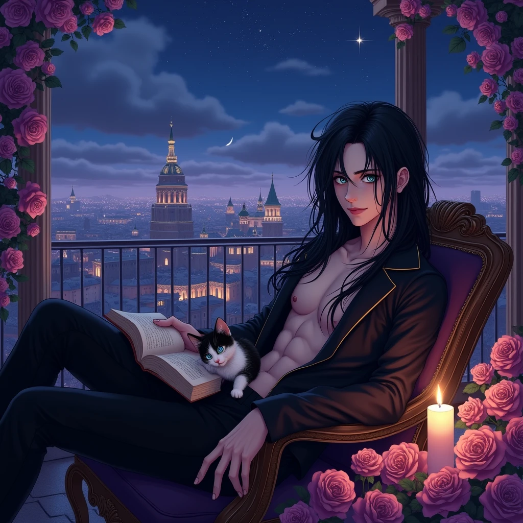 Male, sexy, long black hair, teal blue eyes, young, gothic, delicate features, no facial hair, no body hair, seductive, white and pale. sitting in a chair on a candle-lit veranda overlooking a Russian city at night. Roses. Sexy pose. Purple and black. Sexy. Sexy pose. Seductive. Sensual. Long eyelashes. Big bulge in his pants. No facial hair. Pretty face. Thick legs. Sexy pose. Fyodor Dostoevsky books on the table. Man. Male. Cute kitten on his lap. Smirking. No body or facial hair. Young male. Anime style. Cartoon style. Anime.