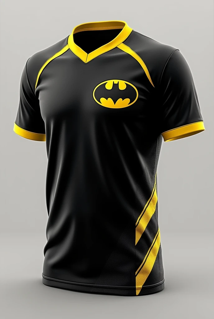 make this batman bat smaller and place it on the right side of the chest. And please add a transparent batman design on the bottom area of the shirt.. Leave a sporty essence for school games. Show the complete shirt please.
Keep these details in the black part, add lots of yellow details to the shirt, make this bat smaller and place it on the right side of the peoto. Don't forget to leave the essence of sports jersey for school games. Make it really eye-catching, Although, don't turn it into a cosplay, leave the sporty. Make a shirt that would make everyone look at you with envy, maintaining the sporting essence.
DO THE FRONT PART