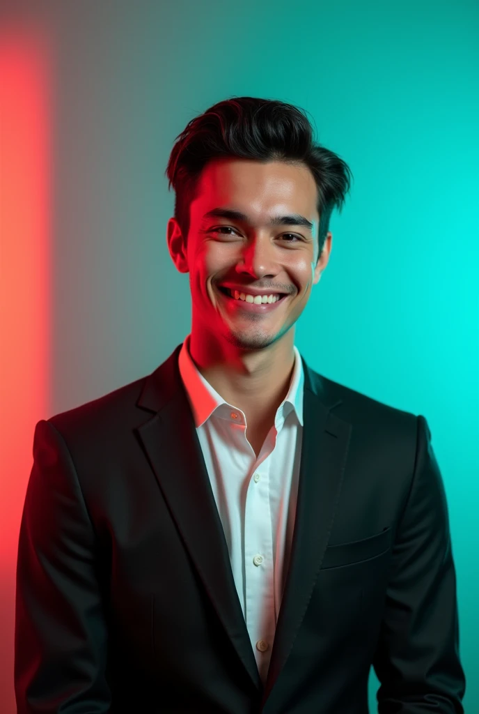 A young man with dark hair and a confident smile. He is dressed in a black blazer over a white shirt. The man is positioned against aaqua colour backdrop whith a subtle red lighting on the left side. And he posing for linkdln profile