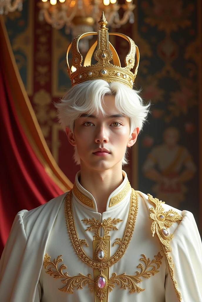 22 year old man, short white hair and big yellow eyes and round face. Dressed as a king with a golden crown and a white outfit.