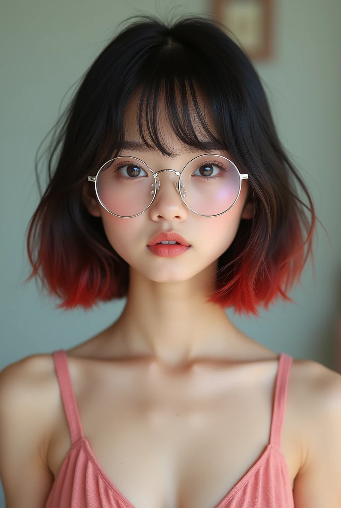 Cute nerdy Asian Thai girl with braces on her teeth and wearing big round glasses, beautiful and naive Asian, with tiny waist, white skin, straight dark bob style haircut with red highlight, soft and delicate face, full length image staring at the camera, wearing low cut dress, high quality realism