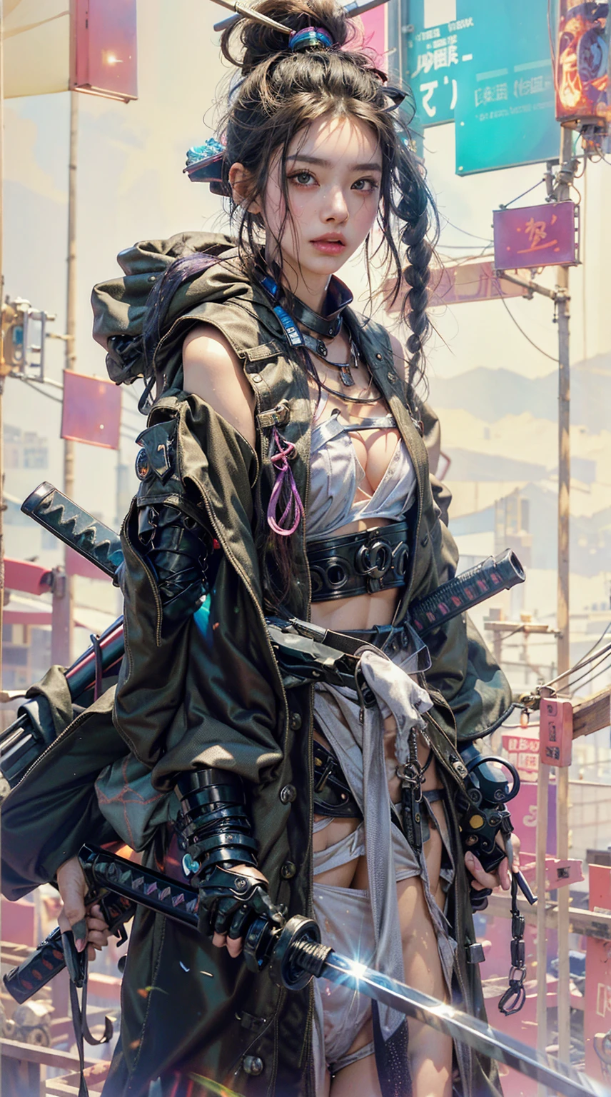 highest quality、Surreal、Perfect Anatomy、Crowded downtown area、Surrounded by spectators、Crowd、Wet and shiny white skin、Sweat dripping all over the body、Slender model figure、Ahegao、blush、micro bikini、rainbow hair、soaked、Super small face、Collars and Leads、Natural lighting、Photo session、Japanese sword、Cleavage、Cyberpunk City、Neon lights、Cyberpunk Girl、Long coat、samurai、