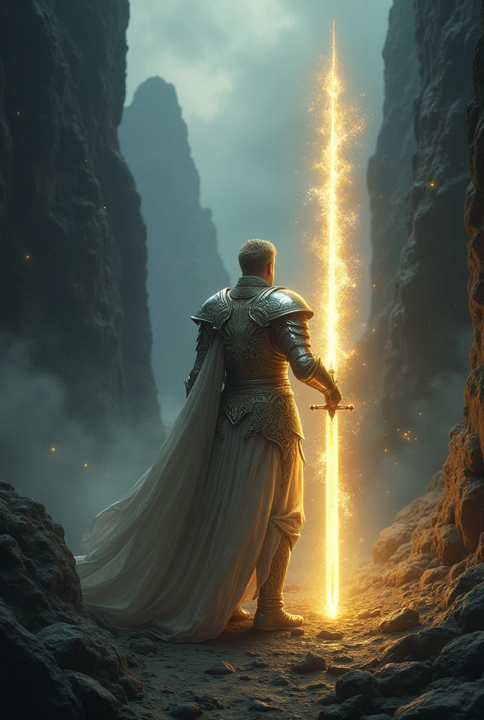 Warrior in armor and sword in dark valley emitting light in holy spirit war