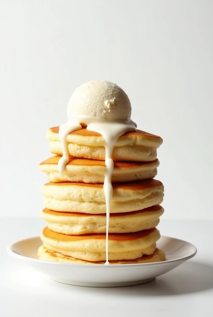 Japan soufle pancake of ice cream nomad style
The ice cream melting 
tall one pancake 
White background
 no plate
which is like flying 