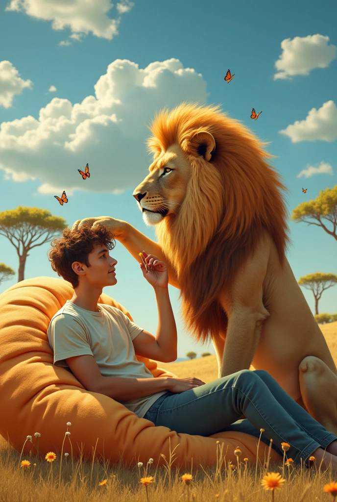 Lion combing man&#39;s hair