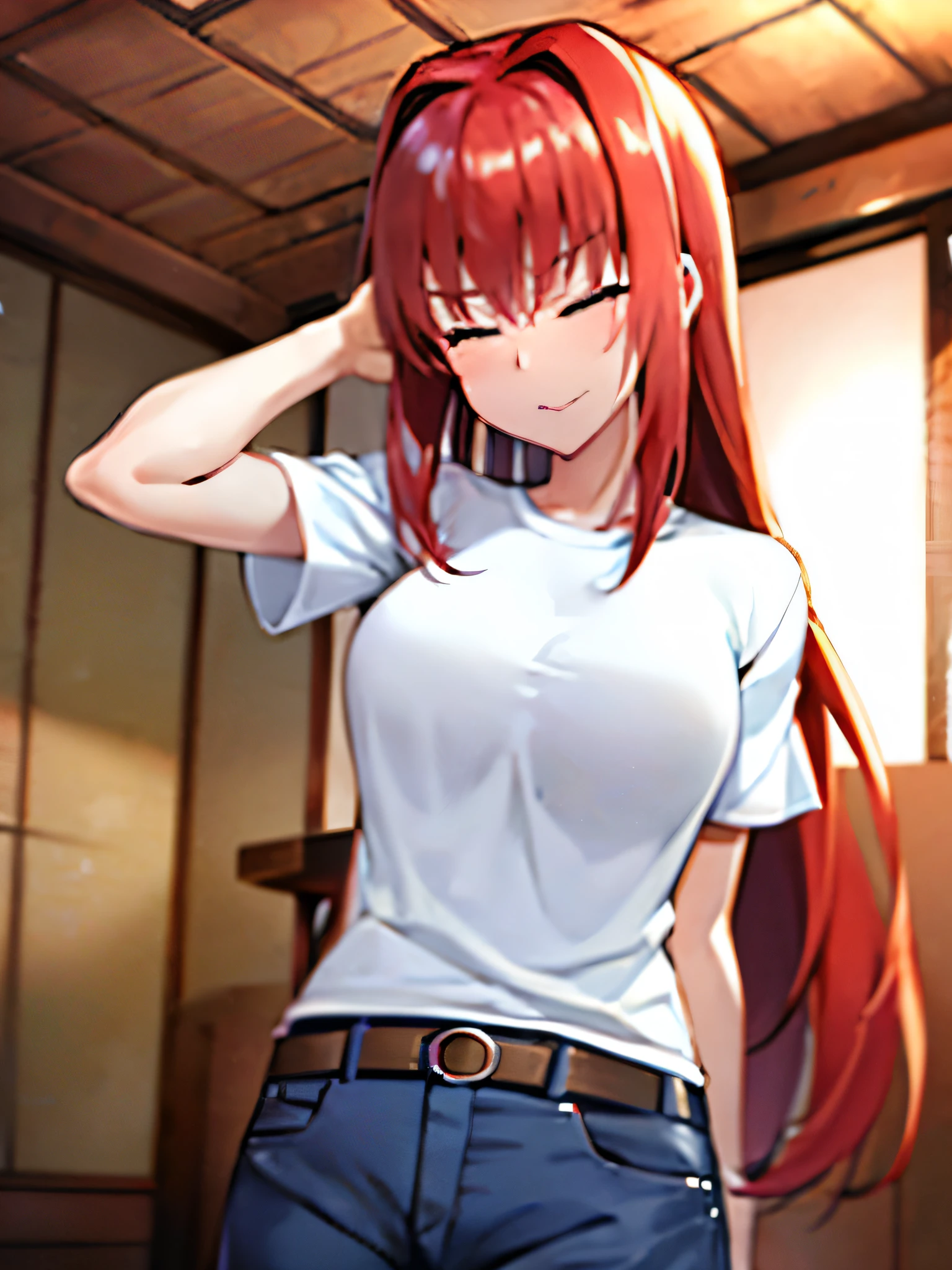 1girl, pale skin, red hair, white shirt, blue jeans, typical japanese living room, drinking a can of beer, drunk, blushing, silly expression, eyes closed, slight smile