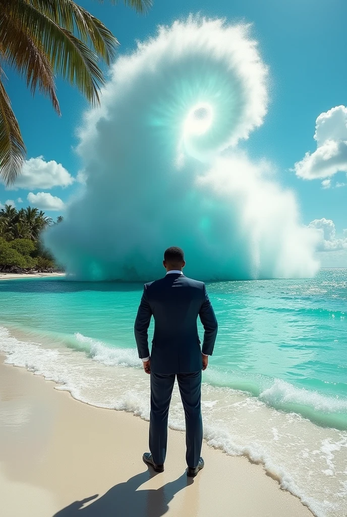 Black man controlling water
 in suit and tie in the caribbean. Creating waterspout