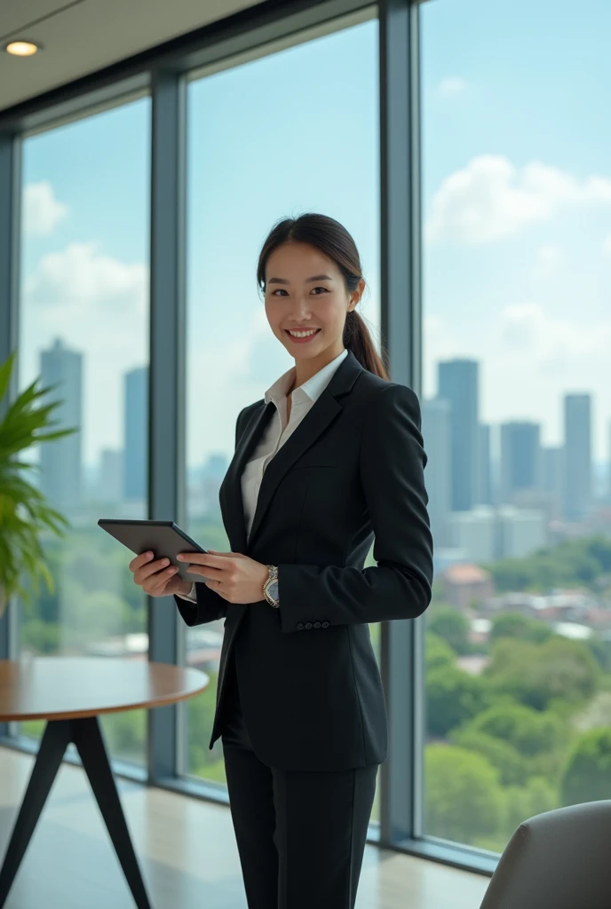 A confident businesswoman standing in a modern office, professi，japanese