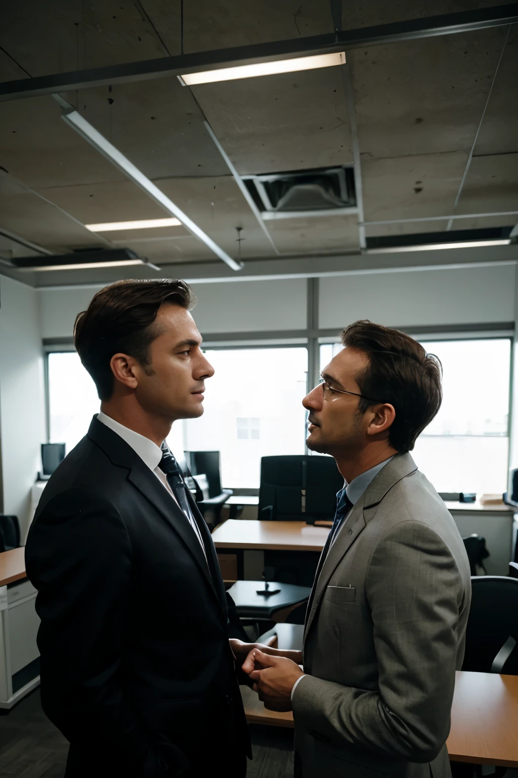 two men talking face to face in an office, one in a suit, one 50 years old and the other 30 years old. half body