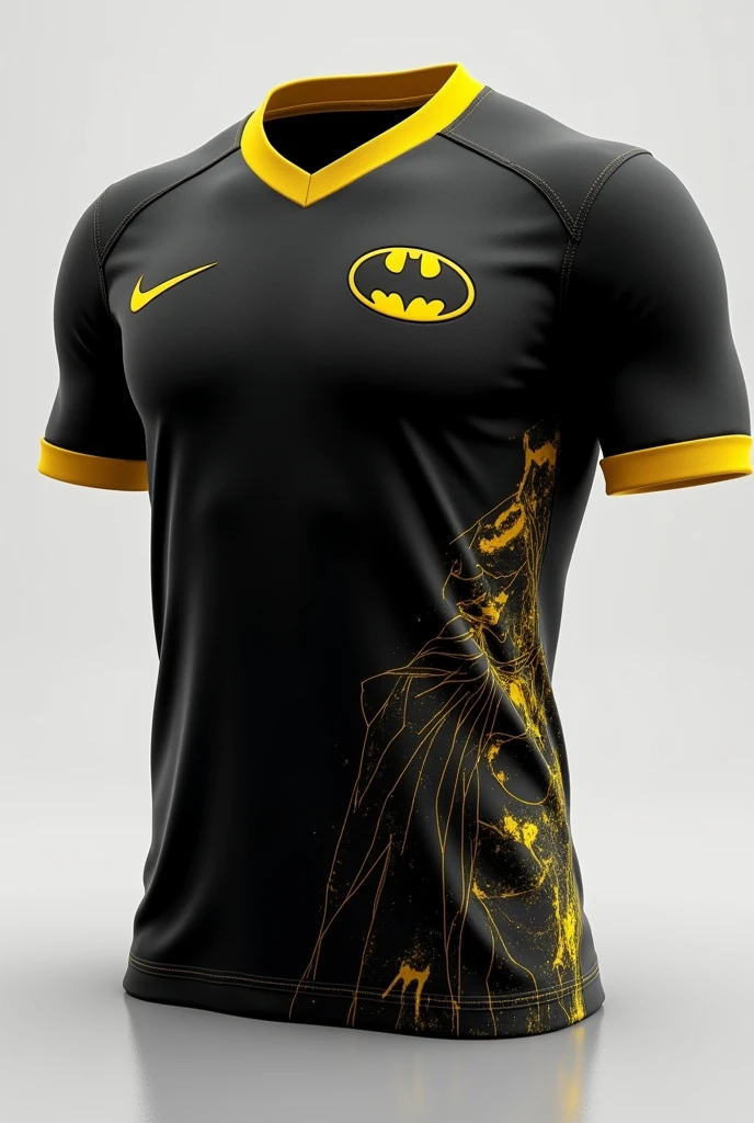 make this batman bat smaller and place it on the right side of the chest. And please add a transparent batman design on the bottom area of the shirt.. Leave a sporty essence for school games. Show the complete shirt please.
Keep these details in the black part, add lots of yellow details to the shirt, make this bat smaller and place it on the right side of the peoto. Don&#39;t forget to leave the essence of sports jersey for school games. Make it really eye-catching, Although, don&#39;t turn it into a cosplay, leave the sporty. Make a shirt that would make everyone look at you with envy, maintaining the sporting essence.

DO THE FRONT PART