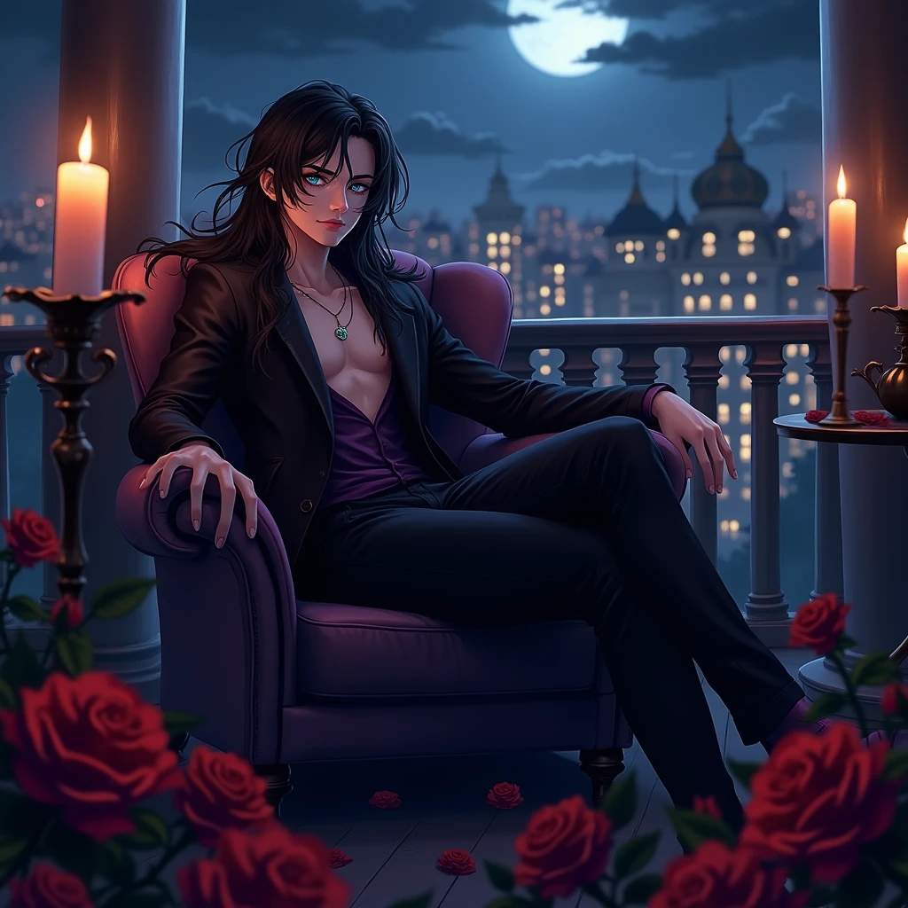 Male, sexy, long black hair, teal blue eyes, young, gothic, delicate features, no facial hair, no body hair, seductive, white and pale. sitting in a chair on a candle-lit veranda overlooking a Russian city at night. Roses. Sexy pose. Purple and black. Sexy. Sexy pose. Seductive. Sensual. Long eyelashes. Big bulge in his pants. No facial hair. Pretty face. Thick legs. Sexy pose. Man. Male. Smirking. No body or facial hair. Young male. Anime style. Cartoon style. Anime. Blood.
