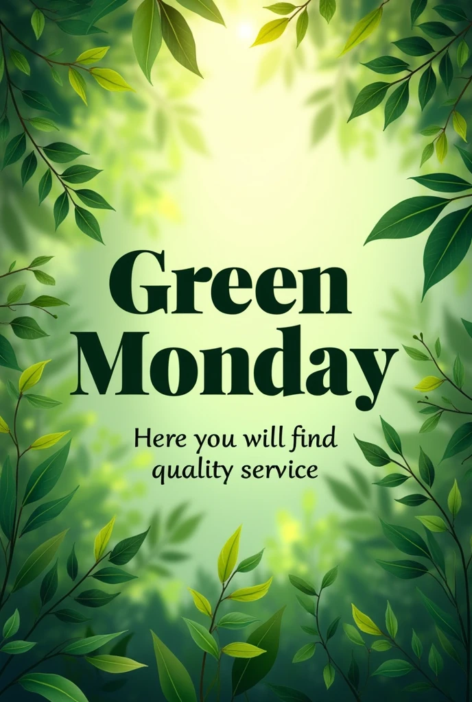 Generate an image to post on my consulting firm's Instagram story with a title "Green Monday" and a solo phrase below "Here you will find quality service"