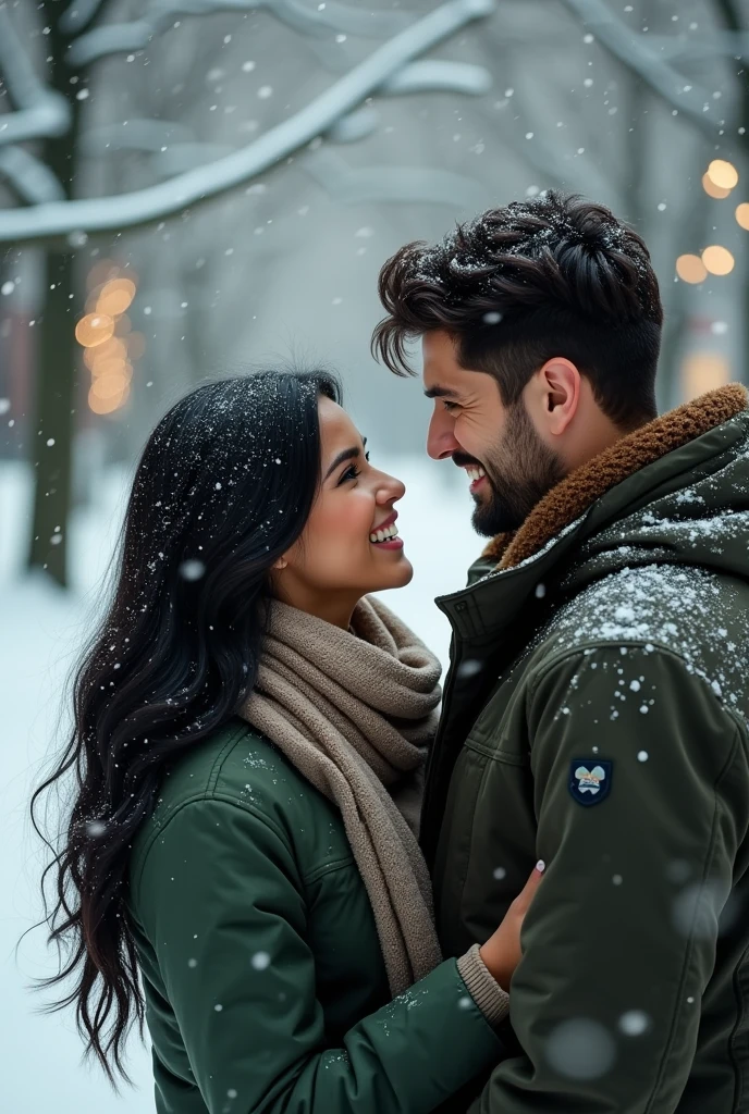 a woman with black hair and green eyes talking to a tall man with black hair and green eyes and they are both wearing winter clothes walking through a snowy garden


