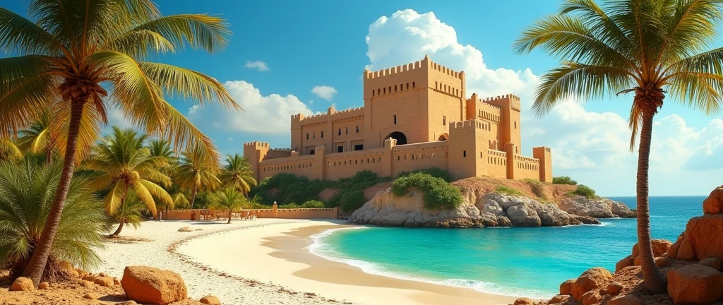 large sand stone castle in tropical desert near tropical beach with palm trees