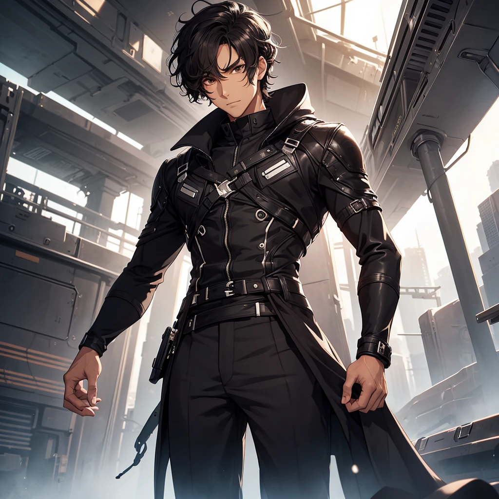tall man with short hair, black and wavy. brown eyes and has a serene appearance. is in a futuristic setting