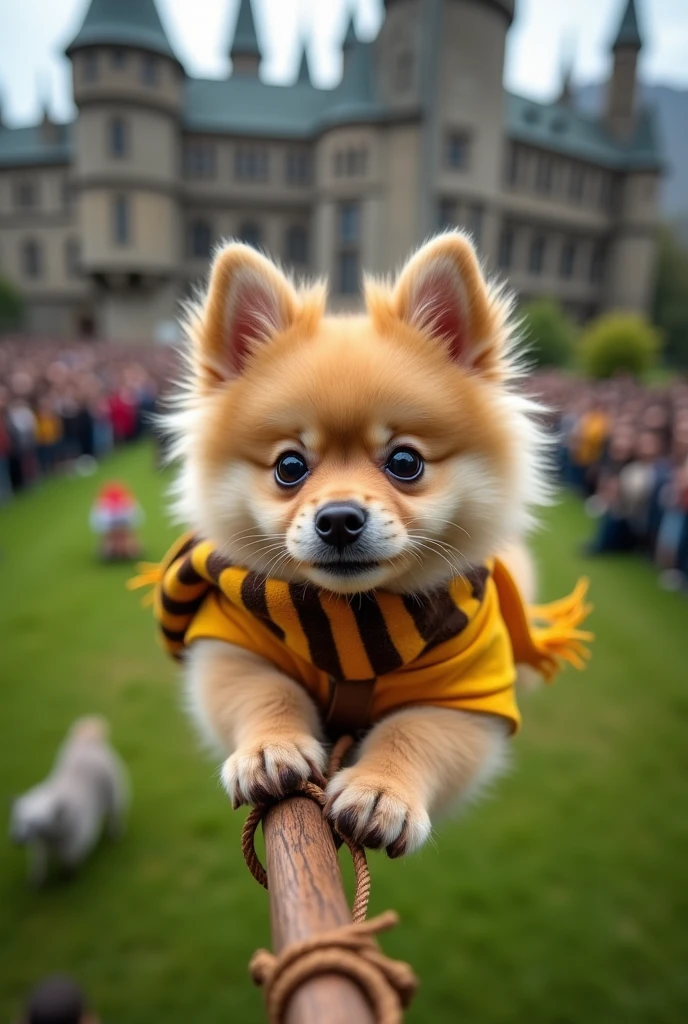 Create an image of a beige German Spitz puppy dressed in a Hufflepuff uniform from the Harry Potter saga flying on a broomstick during a Quidditch game at Hogwarts