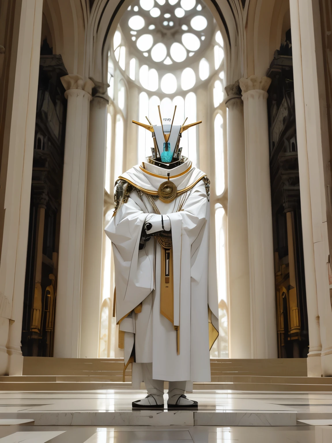 robot with white clothes in the center of a big temple church