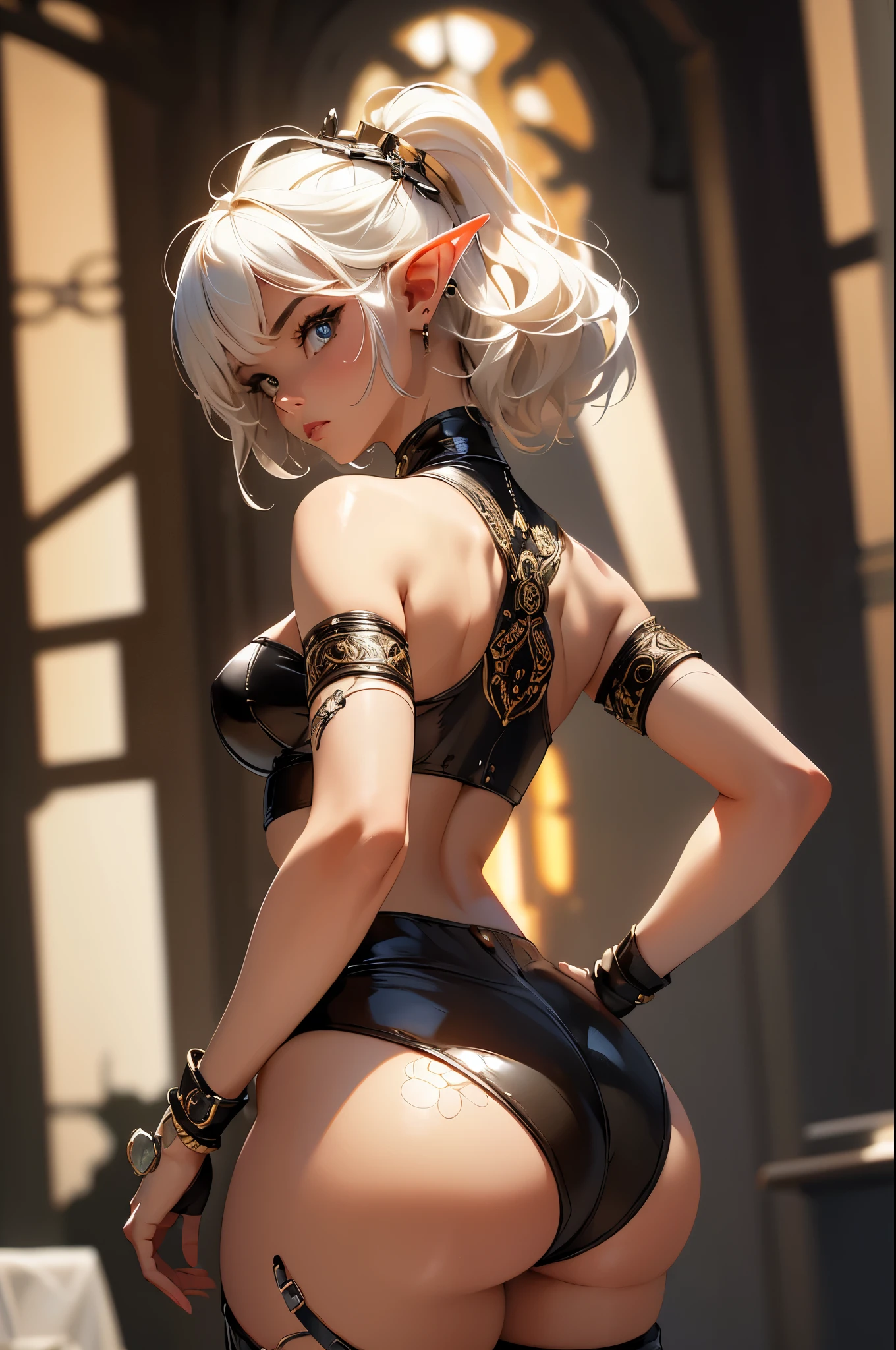 ((masterpiece, best-quality, ultra_detailed)), female elf dressed in latex booty shorts, gorgeous, attractive, african, voluptuous, ample hips, insanelydetailedaccentuatedbigbooty, ((flirty)), looking back at viewer, portrait, photography, detailed skin, Realistic, photorealistic, 8k, highly detailed, full-length frame, HIGH RAW detail color art, piercing, diffused soft lighting, shallow depth of field, sharp focus, shallow depth of field, hyperrealism, cinematic lighting