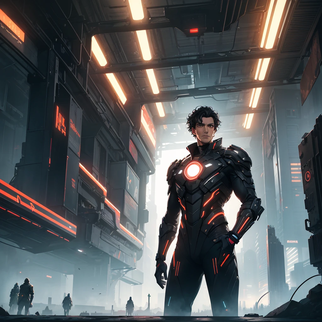 a tall man with short, curly black hair, brown eyes, a serene expression, in a futuristic setting, cinematic lighting, hyper-realistic, 8k, highly detailed, photorealistic, masterpiece, digital painting, vibrant colors, dramatic shadows, advanced technology, science fiction, futuristic architecture, neon lights, dystopian, moody atmosphere