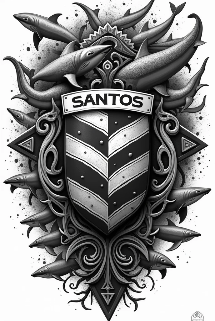Create a Maori image with the Santos Football Club shield and marine animals in black and white