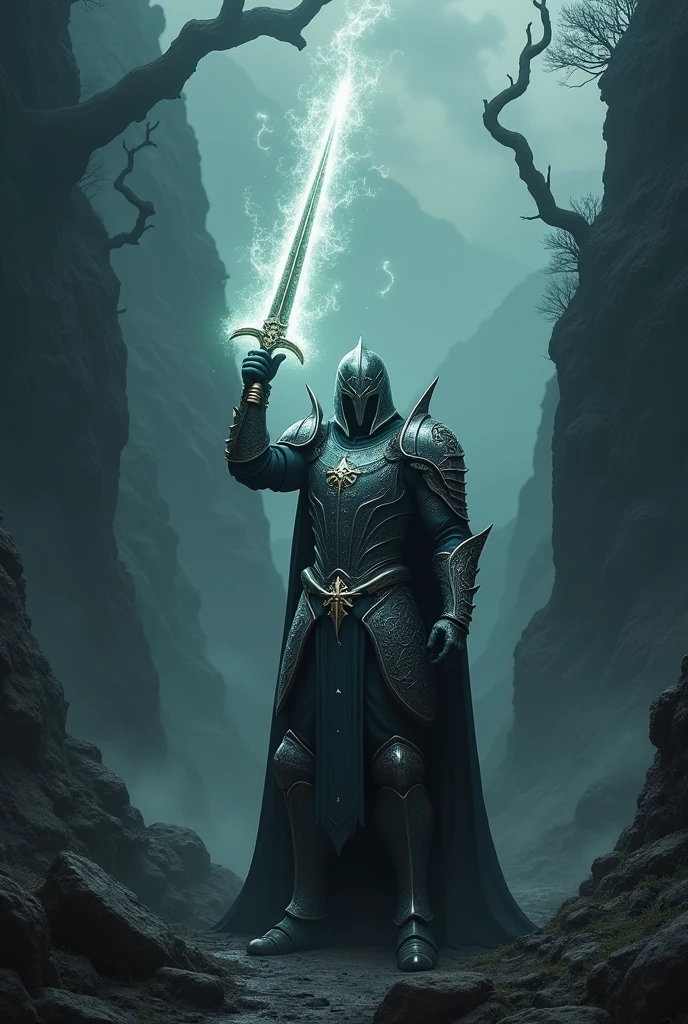 Warrior in armor and sword in dark valley emitting light in holy spirit war  
