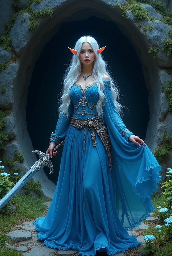 Wearing a blue dress and holding a sword、Woman standing in front of a cave, Enchanting Elven Princess Knight, Blue Elf, Elven Warriorの王女, Detailed fantasy art, Digital fantasy art ), Elven Warrior, fantasy character art, High quality fantasy art, Fantasy Woman, Elf Girl, Fantasy Art, epic Fantasy art style hd, Fantasy art style