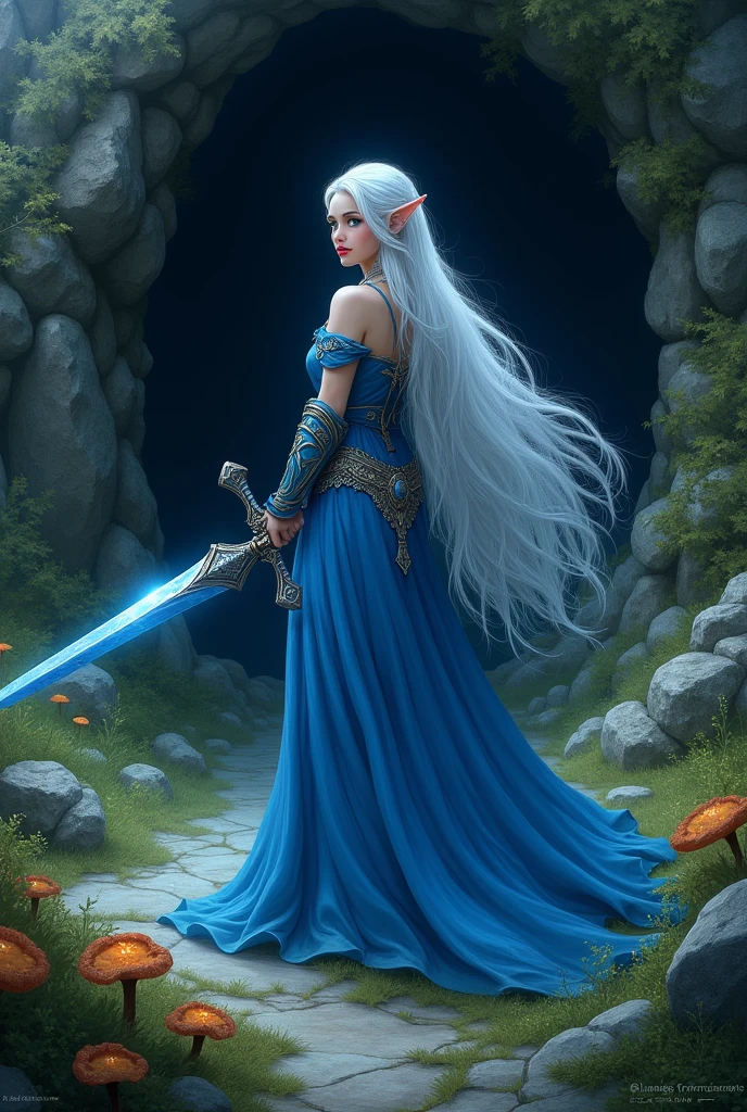 Wearing a blue dress and holding a sword、Woman standing in front of a cave, Enchanting Elven Princess Knight, Blue Elf, Elven Warriorの王女, Detailed fantasy art, Digital fantasy art ), Elven Warrior, fantasy character art, High quality fantasy art, Fantasy Woman, Elf Girl, Fantasy Art, epic Fantasy art style hd, Fantasy art style