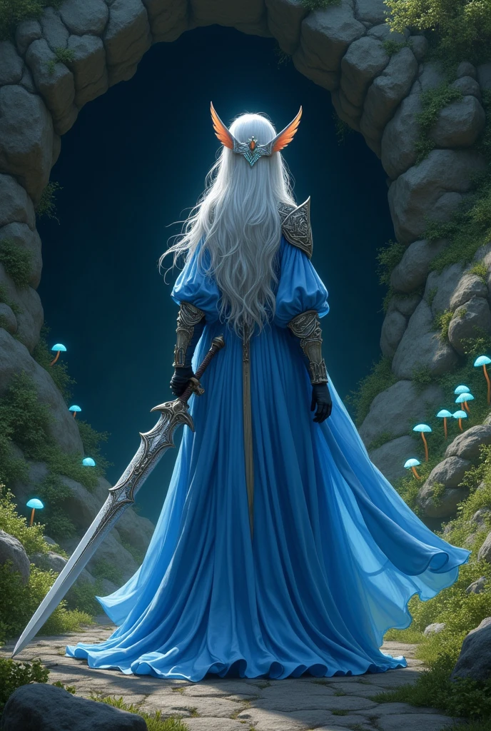 Wearing a blue dress and holding a sword、Woman standing in front of a cave, Enchanting Elven Princess Knight, Blue Elf, Elven Warriorの王女, Detailed fantasy art, Digital fantasy art ), Elven Warrior, fantasy character art, High quality fantasy art, Fantasy Woman, Elf Girl, Fantasy Art, epic Fantasy art style hd, Fantasy art style